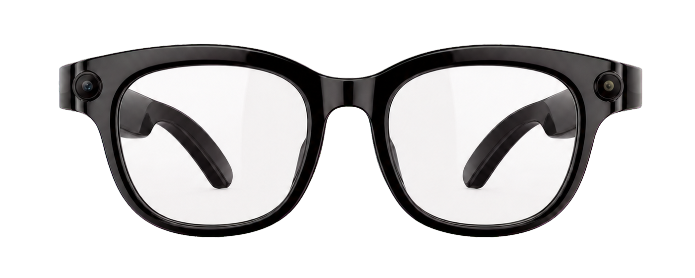 Front view of black Soverign AI camera glasses
